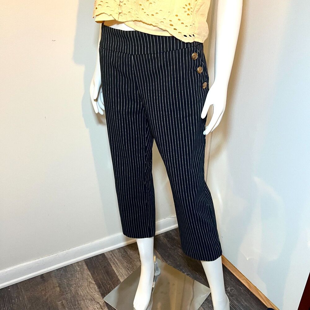 Pinstripe Sailor Capris 10 Wide Leg Nautical Pants Preppy Coastal Retro 60s 50s